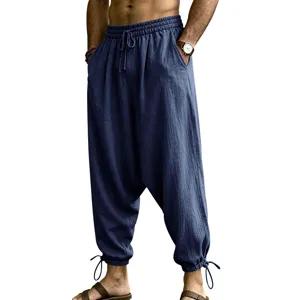 Men Casual Cotton Linen Harem Pants Loose Baggy Joggers Drawstring Trousers Streetwear