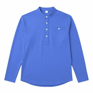 Heren casual lang mouw Henley shirt met knoopsluiting borstzak en opstaande kraag.