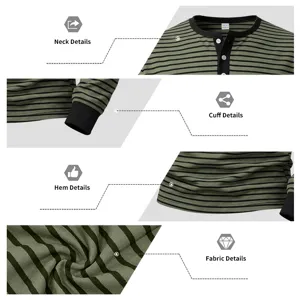Chemise Henley rétro à manches longues rayées pour homme vue détaillée du col et poignet.
