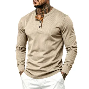 Men's casual long sleeve ribbed Henley shirt with contrast button placket for autumn.