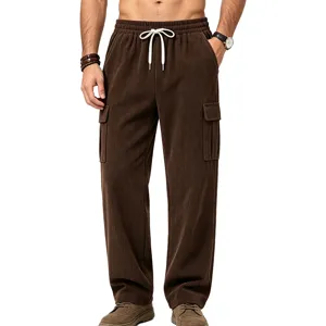 Men's brown corduroy cargo pants with drawstring waist and multiple pockets for casual wear.