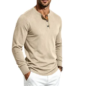 Detail view of men long sleeve waffle knit Henley shirt showing contrast button placket.