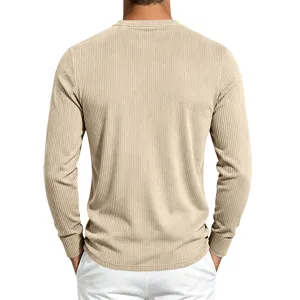 Men's retro long-sleeve casual commuter henley shirt, comfortable ribbed fabric for autumn.