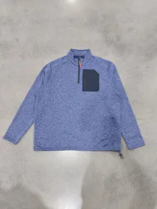 Herren Fleecepullover mit Viertelreissverschluss, meliertes Blau mit Brusttasche und praktischem Kordelzug.