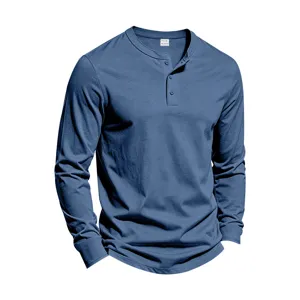 Heren casual lang mouw Henley shirt in effen blauw, comfortabele dagelijkse stijl voor werk.