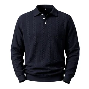 Herren Dunkelblaue Langarm Zopfmuster Strick Polo Pullover Bequemes Alltag Freizeithemd