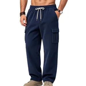 Men's navy blue corduroy cargo pants with elastic drawstring waist and straight leg fit.