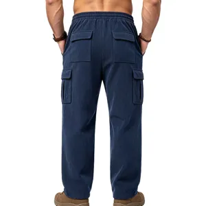 Men's blue corduroy cargo pants with drawstring waist and multiple functional pockets.