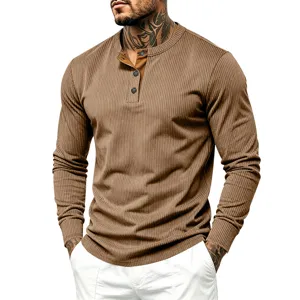 Men's ribbed long sleeve henley shirt detail view showcasing contrast button placket.