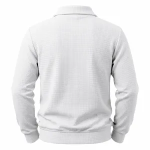 Men's waffle knit long sleeve polo shirt casual autumn winter solid white basic top