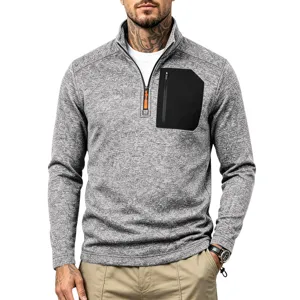 Herren grauer Fleece Pullover mit halbem Reißverschluss schwarzer Tasche winter warm