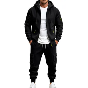 Tuta Sportiva da Uomo Giacca con Cappuccio Foderata in Pile Tasche Multiple Pantaloni Cargo con Polsini Set Due Pezzi Invernali