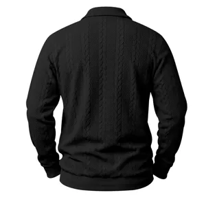 Herren Herbst schwarzes strukturierte Strick Polohemd Detailansicht, langarm Top.