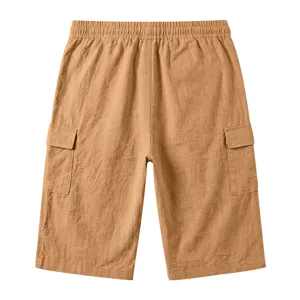 Kaki linnen cargo shorts zak detail, lichtgewicht zomer casual heren broek, losse pasvorm.