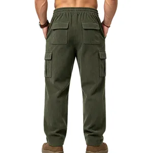 Detailed back view of men's corduroy cargo pants featuring multiple utility pockets.