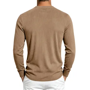 Detailed back view of men's brown ribbed long sleeve casual top showcasing fabric texture.