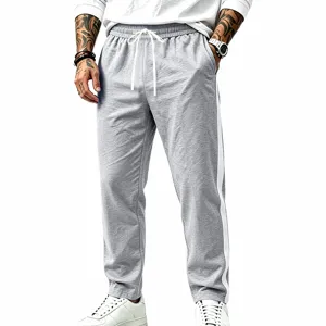 Men's casual gray sweatpants with white side stripes, loose straight leg fit for daily wear.