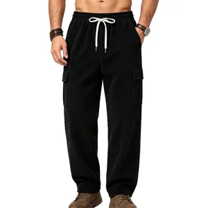 Men black corduroy cargo pants detail, casual straight fit with drawstrings and pockets.