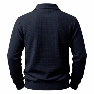 Men's solid waffle knit long sleeve polo sweatshirt showing detailed back texture.