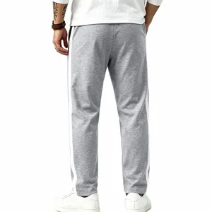 Men grey casual sweatpants with white side stripes, loose straight leg fit for daily wear.