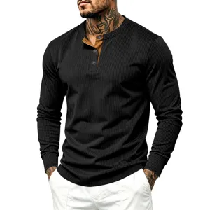 Men's long sleeve contrast placket Henley shirt casual waffle knit top for autumn wear