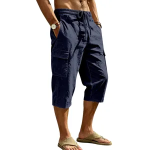 Heren casual linnen cargoshort met trekkoord in de taille en handige zijzakken.