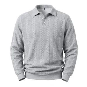 Grauer Zopfmuster Strick Polo Pullover für Herren, modisches Herbst Langarm Oberteil.
