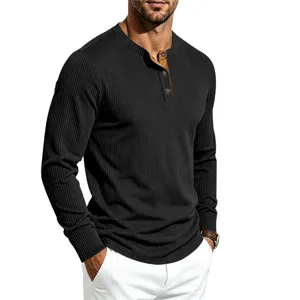 Detail shot highlighting the contrast color placket and ribbed fabric of the men's long sleeve top.