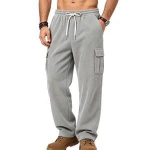 Men's grey corduroy cargo pants with drawstring waist and multiple pockets for casual wear.