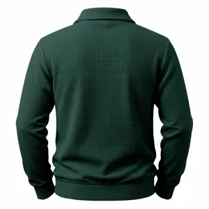 Dark green waffle knit men's casual polo sweatshirt detail, showing back texture and fit.