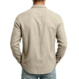 Herren Freizeit Langarm Leinenhemd in hellkhaki, klassisches Design Detailansicht.