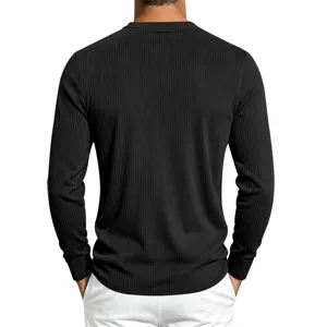 Back view detail of men's black ribbed long sleeve casual top, premium fabric texture.