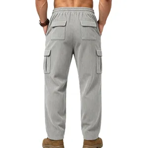 Men's stylish gray corduroy cargo pants featuring an elastic drawstring waist and practical multi-pockets.