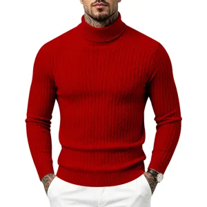 Roter Rollkragen Zopfmuster Pullover Detail mit Rippstruktur und engem Kragenbereich.