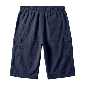Heren linnenmix cargoshoes zomer casual losse capri broek donkerblauw zakken detail