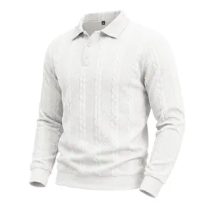 Detailaufnahme vom weißen Herren Langarm Strick Polohemd mit eleganter Jacquard Textur.