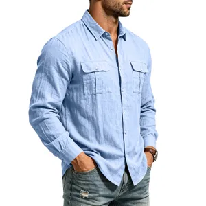 Herren hellblau langarm Leinen Freizeithemd Utility Hemd mit Doppeltaschen regular fit.