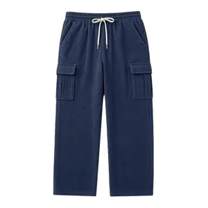 Corduroy cargo pants detail showing side utility pockets and adjustable white drawstring waist.