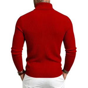 Herren Roter Rollkragen Pullover Gerippt Langarm Slim Fit Freizeit Pullover Herbst