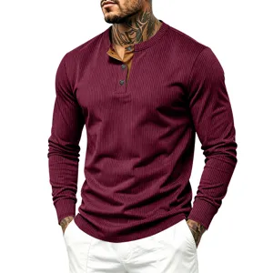Men retro long sleeve contrast Henley shirt casual slim fit ribbed knit t-shirt top