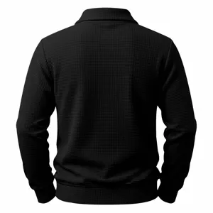 Black waffle knit long sleeve polo shirt back detail view, casual apparel texture