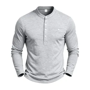 Herren langarm henley hemd grau casual knopfleiste tasche top atmungsaktiv mode neu