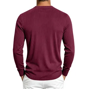 Men's vintage ribbed long sleeve henley shirt back view detail showing knit texture and fit.