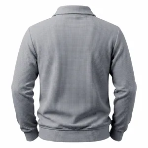Back detail view of men's grey waffle knit polo sweatshirt, casual daily comfortable wear.