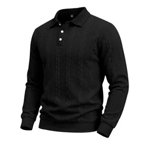Herren Herbst Langarm Zopfmuster Polohemd Freizeit Business Top mit klassischem Kragen.