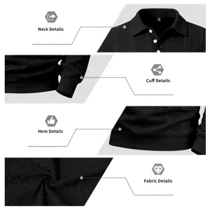 Detailansicht des schwarzen Strickpoloshirts mit Kragen, Bündchen, Saum und Stoffstruktur.