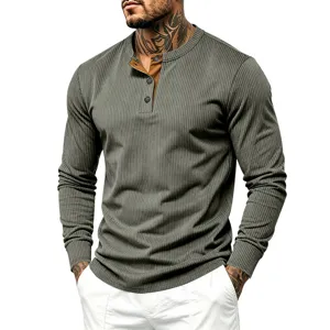 Men's vintage long sleeve rib knit henley shirt detail, contrast placket, casual daily wear.