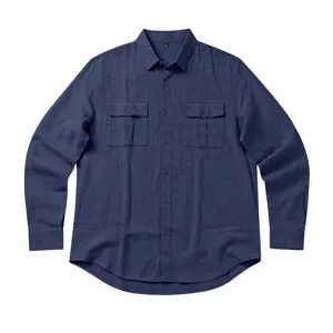 Herren dunkelblau Leinen langarm Utility Hemd Detail, casual Knopfleiste mit zwei Brusttaschen.
