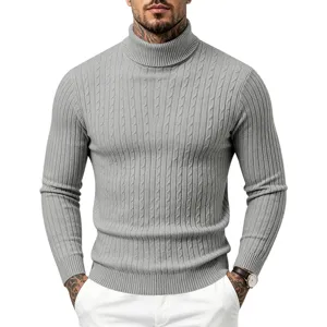 Herren grauer Zopfmuster Rollkragen Pullover Slim Fit langarm casual Winter Pullover