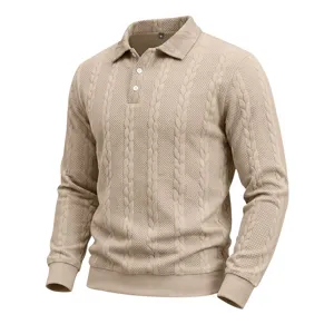Nahaufnahme Herren Zopfmuster Polo Pullover, langarm strukturierter Strickpullover in Khaki.